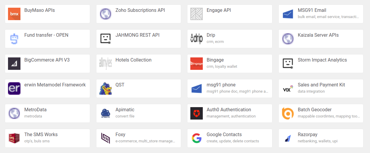 A screenshot of many available APIs by company logo.